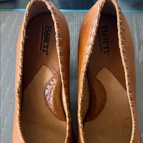 Born Elegant Cognac Tan Leather Peep-Toe Heels Wedge Bow Details Women’s Size 9M - Picture 9 of 14